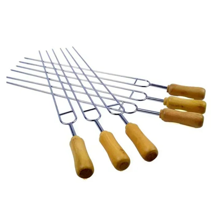 Agulha de churrasco ao ar livre em aço inoxidável, espetos para churrasco, punho longo, Shish Kebab Stick, garfo de madeira, 6pcs