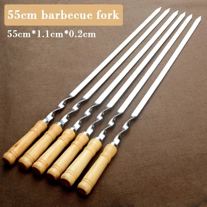 Agulha de churrasco ao ar livre em aço inoxidável, espetos para churrasco, punho longo, Shish Kebab Stick, garfo de madeira, 6pcs