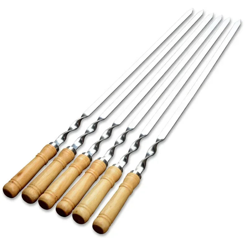 Agulha de churrasco ao ar livre em aço inoxidável, espetos para churrasco, punho longo, Shish Kebab Stick, garfo de madeira, 6pcs