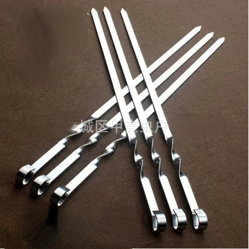 Agulha de churrasco ao ar livre em aço inoxidável, espetos para churrasco, punho longo, Shish Kebab Stick, garfo de madeira, 6pcs