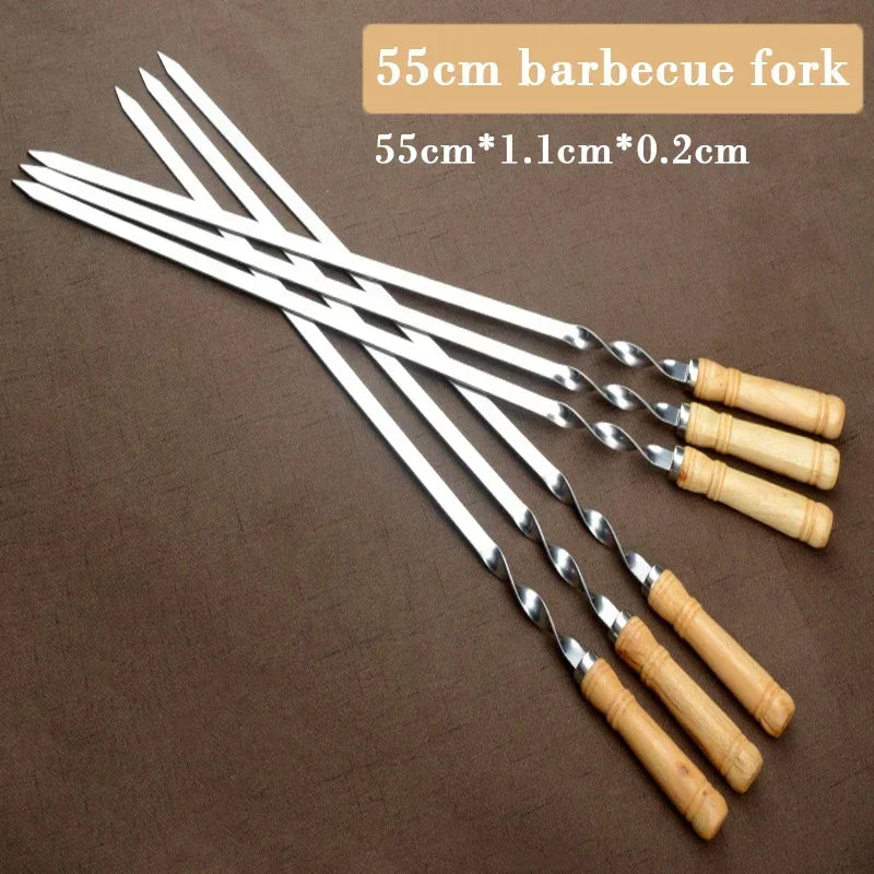 Agulha de churrasco ao ar livre em aço inoxidável, espetos para churrasco, punho longo, Shish Kebab Stick, garfo de madeira, 6pcs