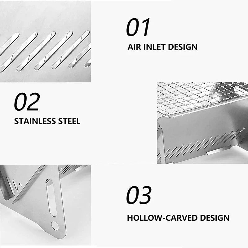 Grade de churrasqueira em aço inoxidável, fogão a lenha, forno dobrável, grelha de acampamento portátil ao ar livre