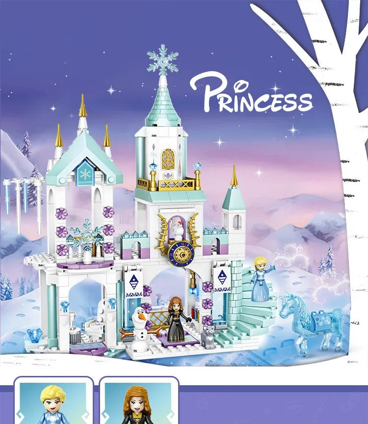 Disney Frozen Princess Snow Castle Building Blocks, brinquedos educativos montados, presentes DIY para meninas,